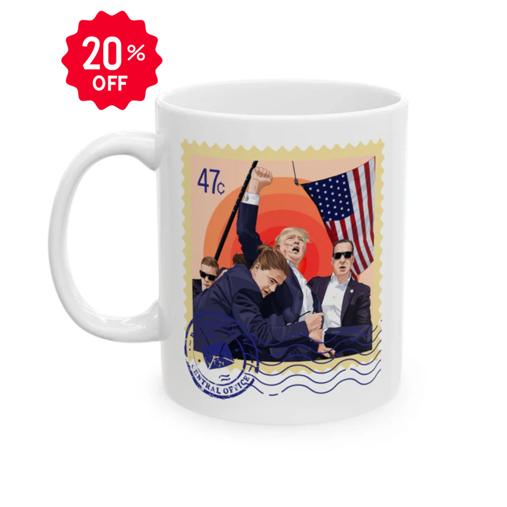 Trump 47c Assassination Defiance Cartoon Art I Postage Stamp - Ceramic Mug